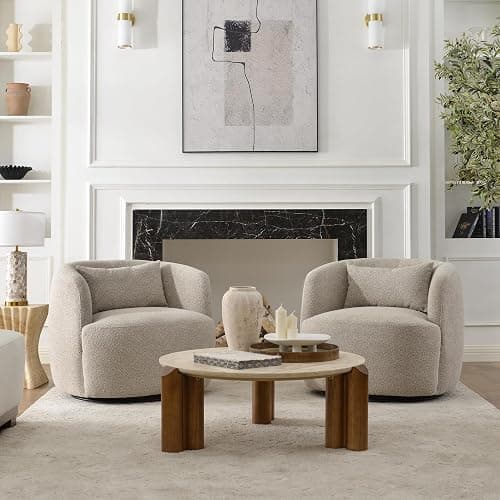 KINWELL 34" Wide Boucle Swivel Barrel Chairs Set of 2, No Assembly Round Upholstered Armchairs Accent Chairs Single Sofa Chair with Toss Pillow for Living Room and Bedroom, Taupe - Image 1
