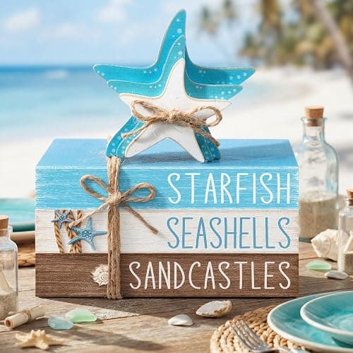 Geelin 4 Pcs Summer Beach Tiered Tray Decor Wooden Book Stack Signs, Starfish Seashell Coastal Nautical Table Centerpiece for Shelf Coffee Bar Home Kitchen Beach House Decorations thumbnail 2
