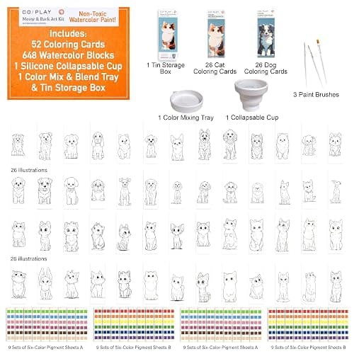COIPLAY 648 Color Blocks Watercolor Paint Set, 52-Bookmarks, 3 Brushes, Silicone Cup, Meow/Bark Coloring Books, for All Ages, All in One Art Supplies, Birthday Gift, Christmas Gift, Gift for Adults Craft kit thumbnail 6