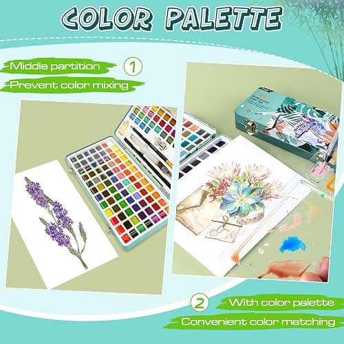 Watercolour Paint Travel Sets with Palette - 128 Art Supplies Water Color Painting Professional Kit for Kids Adults Artists - Portable Metallic Watercolours Mini Box with Major Brushes Watercolor Pens thumbnail 3