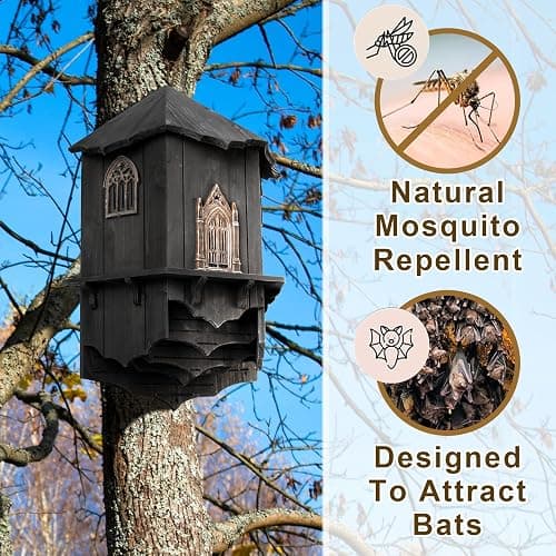 VIREESR Extra Large Wooden Castle Bat Houses for Outside Bat Box for Outdoors - Four Chamber Box Perfectly Designed to Attract Bats - Durable and Easy to Hang(Bat House Ⅰ XL Black) thumbnail 2
