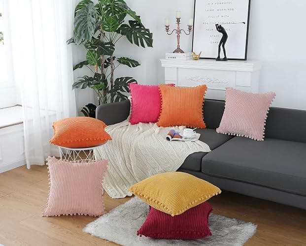 sykting Hot Pink Throw Pillow Covers 18x18 inch Soft Striped Boho Farmhouse Decorative Pillow Covers with Pom Poms for Couch Sofa Bed Chair Outdoor Pack of 2 thumbnail 6