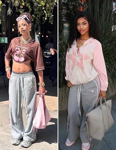 Aelfric Eden Lace Stripe Patchwork Sweatpants Casual Baggy Pant for Women Wide Leg Elastic Drawstring Trousers thumbnail 6