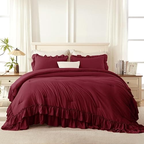 Andency Burgundy Comforter Set Queen Size, Lightweight Fluffy Farmhouse Ruffle Bedding Set, Soft Microfiber All Season Shabby Chic Bed Comforter Set 3 Pieces(1 Comforter 2 Pillowcases) thumbnail 5