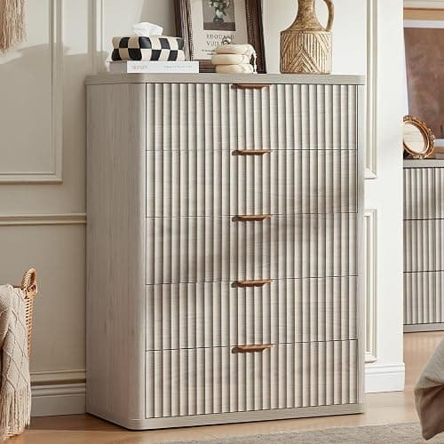 LEYAOYAO Fluted 5 Drawers Dresser for Bedroom, 41" Tall Modern Chest of Drawers with Metal Handle, Curved Profile Farmhouse Closet Organizer Wood Dressers TV Stand for Living Room, Hallway, Lightgrey - Image 1
