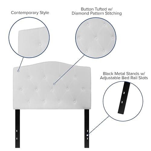 EMMA + OLIVER Twin Size Tufted Upholstered Headboard with Adjustable Metal Bed Rail Slots, Modern Fabric Upholstered Twin Headboard, White thumbnail 4