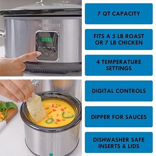 Kenmore 7 Quart Slow Cooker with Diper - Crock pot With Programmable Settings, Digital Controls, Large Capacity for Family Meals, Dishwasher-Safe Stoneware, Warm Rice & Sous Vide Stew thumbnail 4