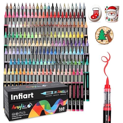 Infiart 168 Colors Acrylic Paint Markers Brush Tip, Automatic Ink Control Acrylic Paint Pens Waterproof Acrylic Markers Set for Christmas Decorations, Stone, Wood, Glass, DIY & Art Supplies - Image 1