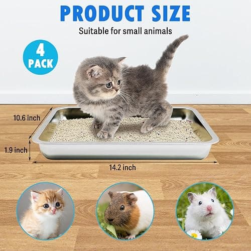 BNOSDM 4 Pcs Stainless Steel Litter Pan Low Entry Cat Litter Box Shallow Metal Litter Tray, Nonstick Open Top Cat Box for Kitten, Rabbits and Small Animals (14.2x10.6x1.9 Inch) thumbnail 5