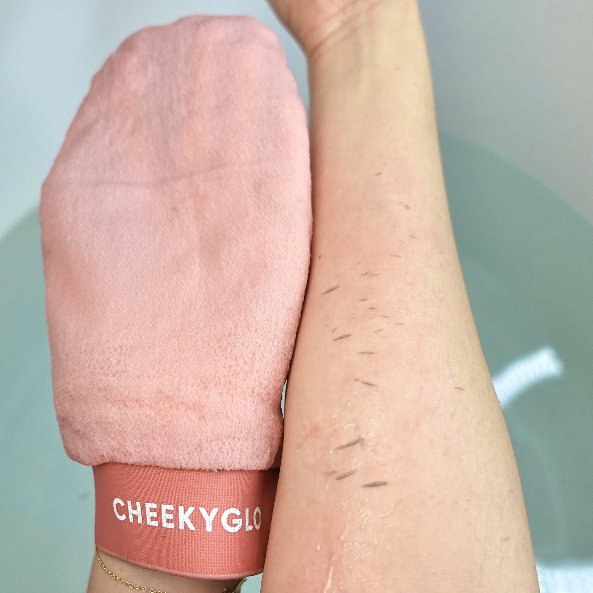 CheekyGlo Premium Exfoliating Body Glove (Pink) | 100% Vegan Viscose | Traditional Body Scrub | Kessa Korean Washcloth | Body Exfoliator For Self-Tan, Keratosis Pilaris & Dry Skin | The Original TikTok Viral Exfoliating Glove thumbnail 8