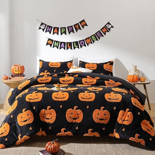 Smoofy Full Size Comforter Sets Halloween Comforter with Pumpkins Black Comforter Full Size Microfiber Bedding Sets 2 Lightweight Fluffy Pillowcases - Image 1