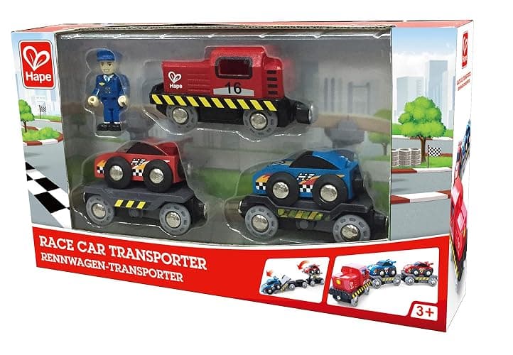 Hape Race Car Transporter | Six-Piece Wooden Toy Train Car Transport Set for Kids thumbnail 7