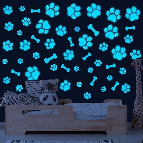 Glow in The Dark Dog Paw Print Wall Decals - Removable Vinyl Bone Stickers for Pup Room Decor - Animal Footprint Decals for Kids Boys Girls Bedroom Nursery - Blue - Image 1