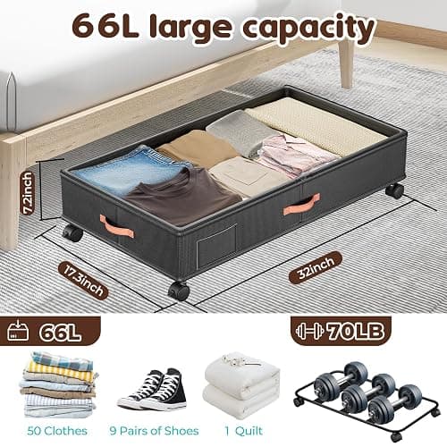 Tsinglax Under Bed Storage with Wheels 2-Pack – 66L XXL Larger Stackable Under Bed Storage Containers with Clear Window & Labels, Rolling Under Bed Drawers for Clothes, Shoes, Blankets (Dark Grey) thumbnail 2