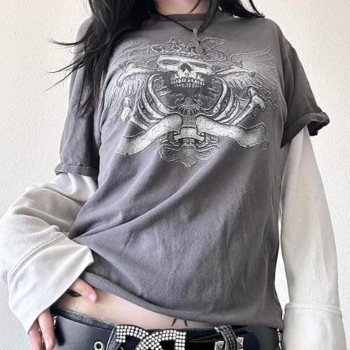 Y2k Fairy Grunge Graphic Long Sleeve Tees Tops Women E-Girls Aesthetic Gothic Skull Print Baggy T Shirts Emo Clothes thumbnail 2