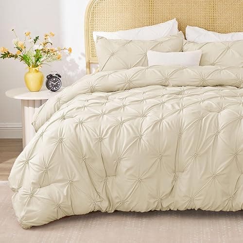 BEDELITE Queen Comforter Set Beige - 3 Pieces Boho Pintuck Bedding Sets, Queen Size Bed Set with 2 Pillow Shams for All Seasons, Room Decor Valentine's Gift,Lightweight Soft and Warm thumbnail 5