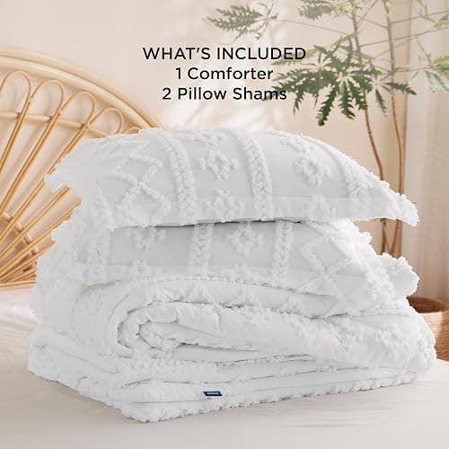 Bedsure Tufted Boho Comforter Set Full Size - Bright White Boho Bed Set, GentleSoft™ 3 Pieces Farmhouse Shabby Chic Embroidery Bedding, Gifts for Woman, Soft Jacquard Full Comforter for All Seasons thumbnail 8