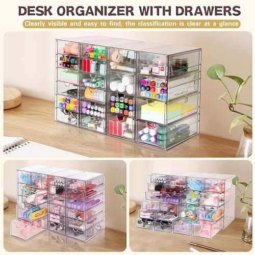 VZKAH Clear Acrylic Desk Organizer with 20 Drawers, 4 Modular Units | 4-piece clear drawer set for office supplies, crafts, makeup, and small daily items on desks, vanities, counters thumbnail 6