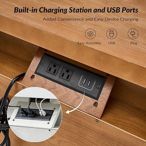 HULALA HOME Farmhouse 3 Drawer Nightstand with Tray, Drawer Organizer with Solid Wood Legs, Nightstand with Charging Station,Acorn thumbnail 3