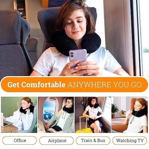 Aeris Memory Foam Travel Pillow for Airplanes - Best Airplane Neck Pillow for Long Flights - Plane Accessories Carry Bag to Save Space, Ear Plugs and Eye Mask - Perfect Flight Set & Gift thumbnail 4