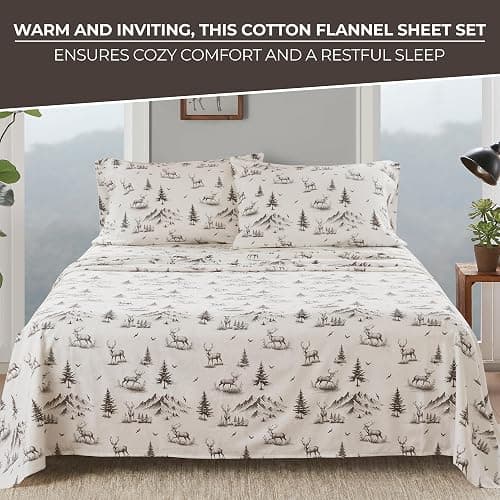 Woolrich Cotton Sheet Set Cottage Charms Print, 100% Cotton Flannel Sheets Warm & Fuzzy Bedding Set Queen Size Sheets, Fitted Pocket Fits Up to 14" Mattress, Queen Gray Deer Toile 4 Piece thumbnail 3