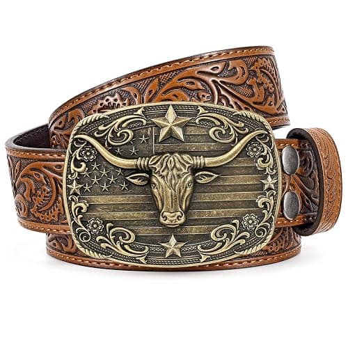 LALATCH Cowboy Western Belts for Men Women, Mens Western Cowboy Belt Embossed Belt Bull Buckle for Jeans Gifts Christmas - Image 1