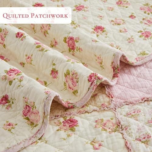 Cozyholy Queen Size Quilt Set 3-Piece, 100% Cotton Patchwork Quilt, Pink Floral Reversible Shabby Chic Bedding Bedspread for All Season, Soft Quilted Blanket with 2 Pillow Shams Machine Washable thumbnail 5