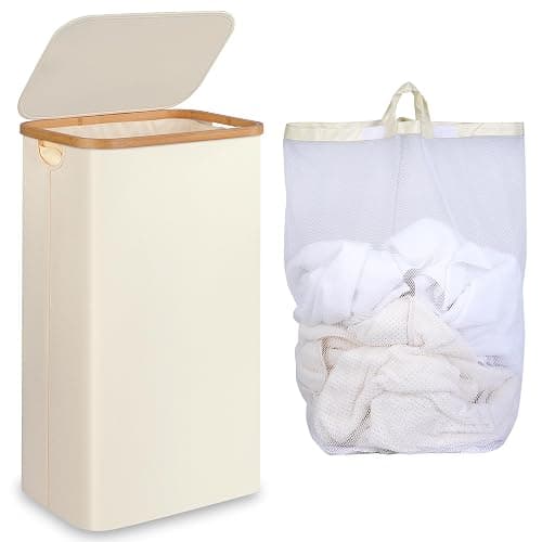 iEGrow Slim Laundry Hamper,75L Beige Narrow Laundry Basket with Lid,Foldable Clothes Hamper with Bamboo Handles,Hamper Basket with Removable Inner Bag for Laundry Room Bedroom College Dorm - Image 1