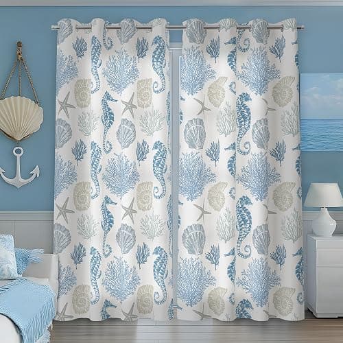 weesire Nautical Coastal Curtains Decorative Beach Ocean Seahorse Coral 50% Light Blocking Sea Darkening Grommet Curtain for Villa Living Room, Bedroom Navy Blue and White 2 Panels Set, 52x84 Inches thumbnail 4
