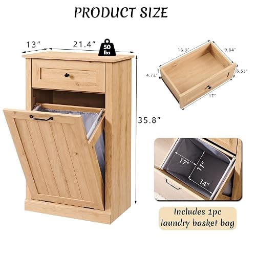 IFBUY Tilt Out Laundry Hamper Cabinet, Trash Can Cabinet, Natural | 10 Gallon Farmhouse Trash Cabinet w/Drawer, Hidden Wood Garbage Can Cabinet w/Laundry Storage Basket for Bathroom, Kitchen thumbnail 2