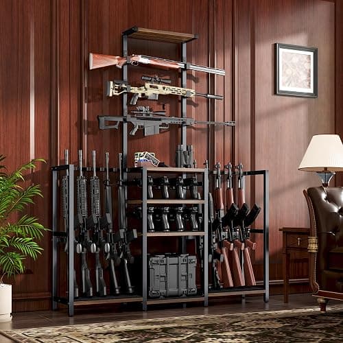 Saudism 68" Tall Gun Rack, Indoor Gun Racks for Floor Standing Gun Display Stand, Rustic Wooden Gun Stand with Soft Padding and Pistol Holder, Holds up 13 Long Guns and 8 Handguns - Image 1