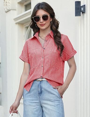 Button Down Shirt for Women Short Sleeve Blouses Dressy Casual Business Work Summer Vacation Tops Hawaii Shirts with Pockets thumbnail 4