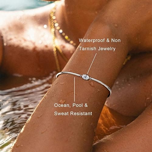Poxtex Gold Bangle for Women, Dainty 14K Gold Silver Plated Bracelet Non Tarnish Waterproof Cute Trendy Simple Diamond Cubic Zirconia Bangle Bracelet Charm Jewelry.Gift for Mother's Day Christma Birthday Wedding thumbnail 5