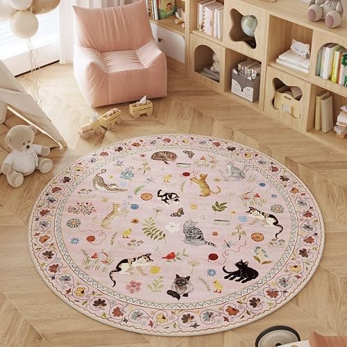 Rugcomf Round Rug 4ft Washable Circle Rug Non Slip Low Pile Boho Floral Animal Cat Small Circular Rug for Bedroom Bathroom Entryway Kids Room Office College Dorm, Pink - Image 1