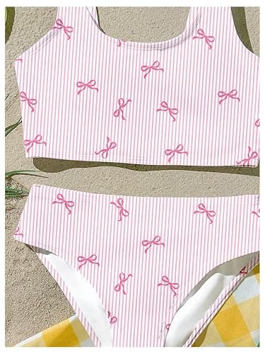 RoseSeek Girl's 2 Piece Striped Bowknot Swimsuit Set Wireless Cute Bathing Suit Summer Beachwear Bikini Sets thumbnail 3