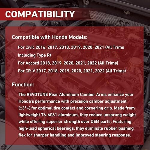 REVOTUNE Pair of Rear Aluminum Alignment Camber Arms compatible with Honda Civic 2016-2021 Type-R FK8 Honda Accord CRV 2018-2022 OE BP67476 thumbnail 3