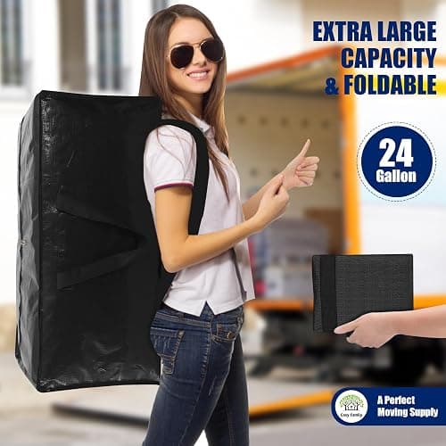 Cosy Family 8 Pack Heavy Duty Extra Large Moving Bags with Backpack Straps - Strong Handles & Zippers, Storage Totes For Space Saving, Fold Flat, Alternative to Moving Box (Set of 8, Black) - Black - 24 gal-Pack of 8 thumbnail 7