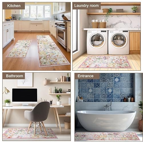 Klyyo Clyro Pink Floral Kitchen Rugs Set of 2 Cute Farmhouse Floor Mats Soft Non Slip Cushioned Washable Kitchen Rugs for Home Entrance Laundry Office Sink Spring Summer Decor, 17 x30 +17 x47 thumbnail 7