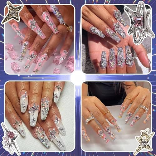 Y2K Nail Charms and Gems 3D Silver Star Butterfly Planet Cross Nail Charms for Acrylic Nails Design Kawaii Nail Jewels for Nail Art (Silver-90) thumbnail 7