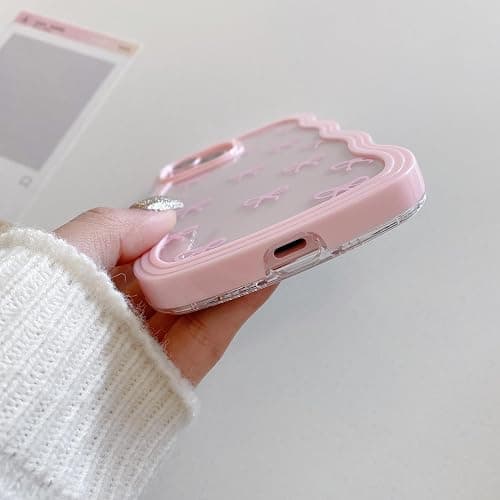 QLTYPRI Bow Case for iPhone 13/iPhone 14 Wavy Fame, Pink | Clear Cute Ribbon Bow Phone Case,Curly Wave Aesthetic Design,Slim Soft Transparent Shockproof Protective Case for Women Girl thumbnail 5