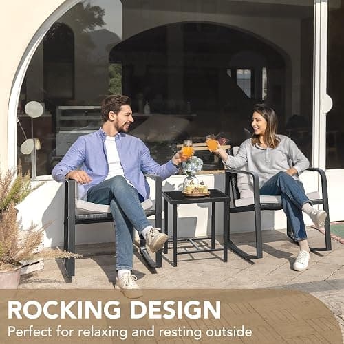 Devoko 3 Piece Rocking Bistro Set Wicker Patio Outdoor Furniture Porch Chairs Conversation Sets with Glass Coffee Table (Beige) thumbnail 3