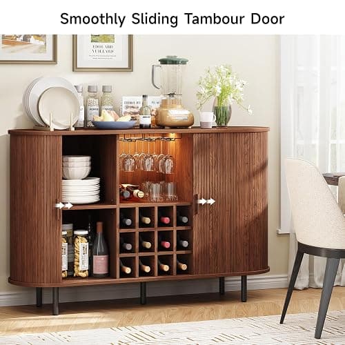 ONBRILL 55" Wine Bar Cabinet with LED Light,Modern Liquor Whiskey Coffee Station with Wine Rack and Glass Holder, Farmhouse Buffet Sideboard with Storage for Living Room, Kitchen, Entryway (Walnut) thumbnail 8