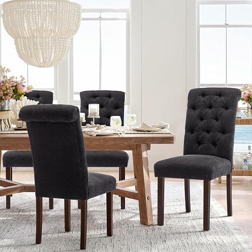 COLAMY Button Tufted Dining Chairs Set of 6, Parsons Upholstered Fabric Dining Room Chairs Kitchen Chairs with Wood Legs and Padded Seat, Black thumbnail 4
