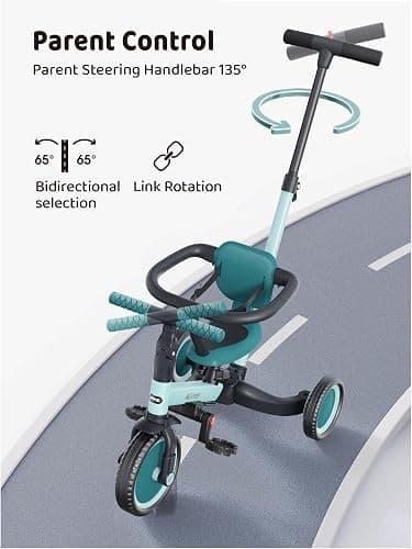 newyoo TR008 Toddler Push Tricycle, Toddler Bike for 1-3 Years Olds, Birthday Gift for Boys and Girls, 5 in 1 Balance Bike with Handle, Kids Trike with Safe Bar, Green thumbnail 6