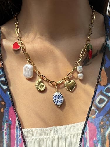 Trendy Stainless Steel Gold Plated Charm Necklace with Heart Pearl Pepper Conch Ceramic Pendant Necklace for Women Collares Chokers Jewelry thumbnail 6