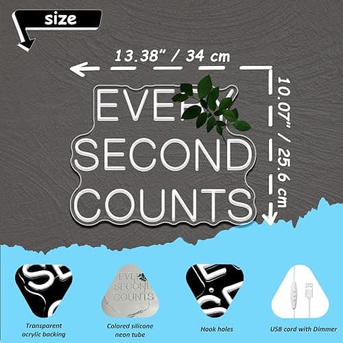 SECOND COUNTS Neon Sign, Motivational LED Wall Decor for Kitchen Home Office Gym, Dimmable White Aesthetic Glow Sign, Unique Gift for Chefs Entrepreneurs Athletes, USB Powered 13.38 x 10.07 inches thumbnail 3