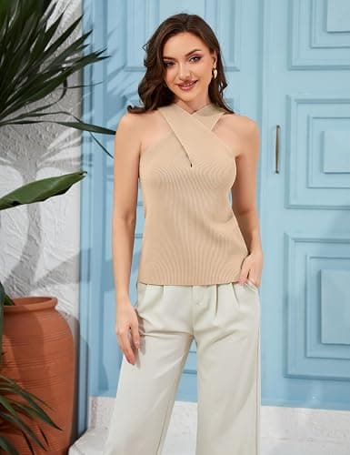 Yeokou Women Halter Cross Over Collar Tank Knit Sleeveless Top Solid Color Casual Summer Blouse thumbnail 3