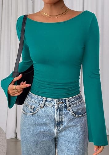 PRETTYGARDEN Women's Long Sleeve Shirts 2025 Fall Crop Going Out Tops Casual Boat Neck Bell Sleeve Ribbed Ruched Y2K Clothes thumbnail 6