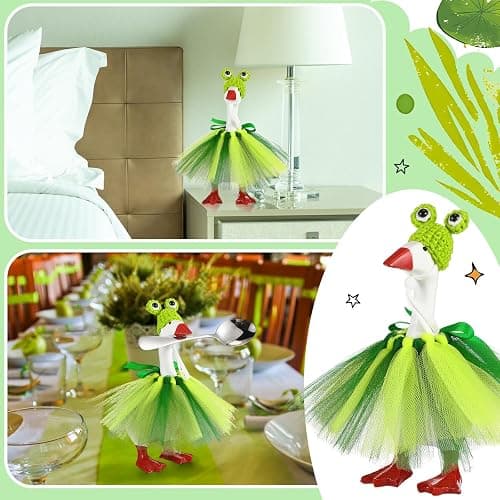 Sunnymove 7 Inch Mini Desk Goose Outfits with Frog shape Knitting Hat green Tutu Dress Mini Desk Goose Customs for Magnetic Statue Key Holder Decor thumbnail 7