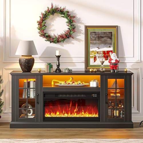 Rolanstar Fireplace TV Stand with Led and Power Outlets, Black Entertainment Center with Electric Fireplace for 45/50/55/60/65/70 inch TVs, Modern TV Console with Storage Cabinet for Living Room - Image 1